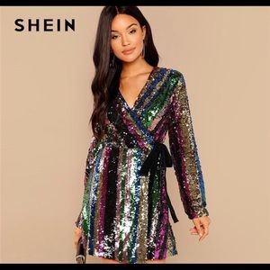 Shein color block sequin wrap dress
